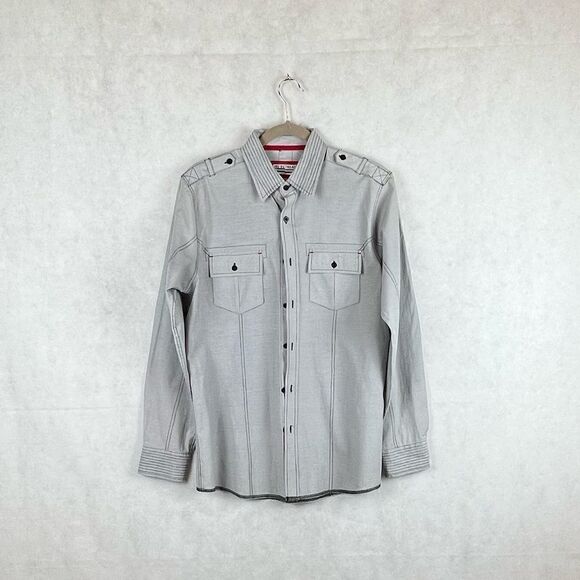 No Retreat Engineer Grey Black Striped Button Up Casual Shirt - Picture 1 of 12
